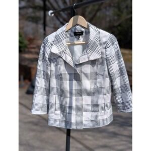 Talbots Textured Zip Blazer White Black Plaid Waffle Jacket Size 4 Career Office